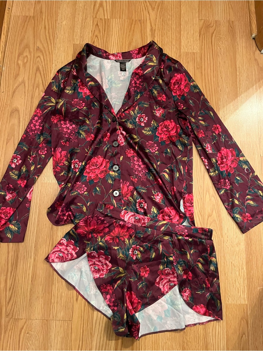 Victoria's Secret Burgundy Floral Satin Pajama Set - Button-Up Top & Shorts